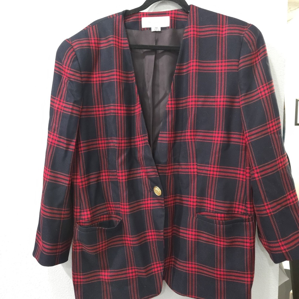 Jones New York Women's Red Tartan Plaid BLAZER SZ 14 gold buttons front pockets